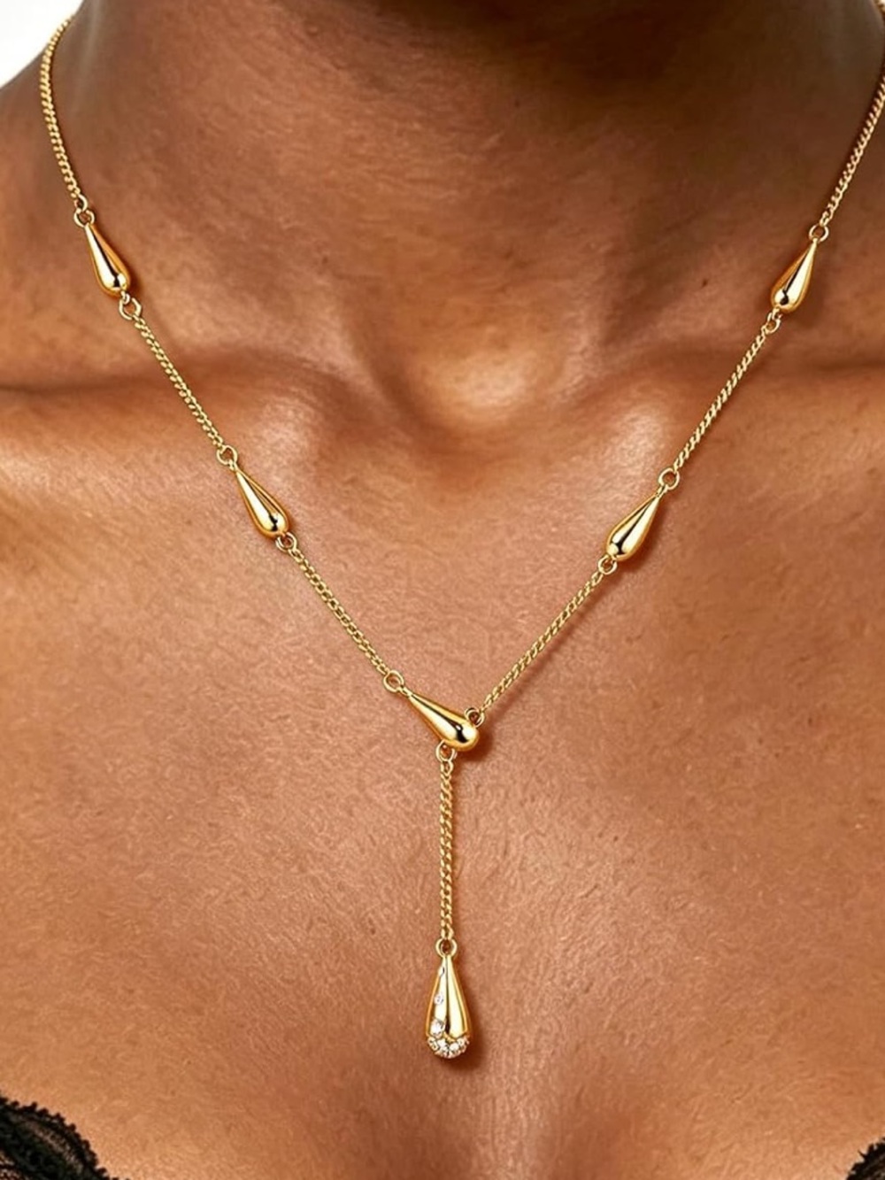 Gold Tone Teardrop Y Drop Statement Necklace